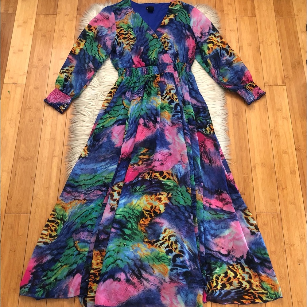Alexa B Snakeskin Reptiles Chiffon Long Sleeves Multicolor Maxi Dress size 12
